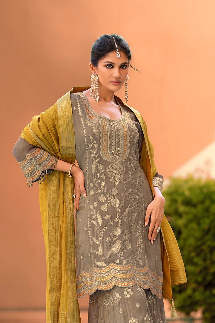 Beige Viscose Shimmer Embroidered Straight Kurta Sharara with Dupatta | SHOBITAM