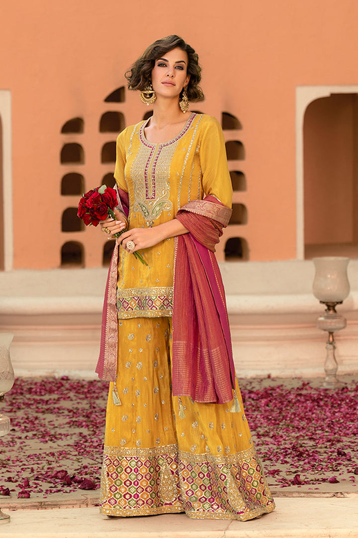 Yellow Viscose Shimmer Embroidered Straight Kurta Sharara with Dupatta | SHOBITAM