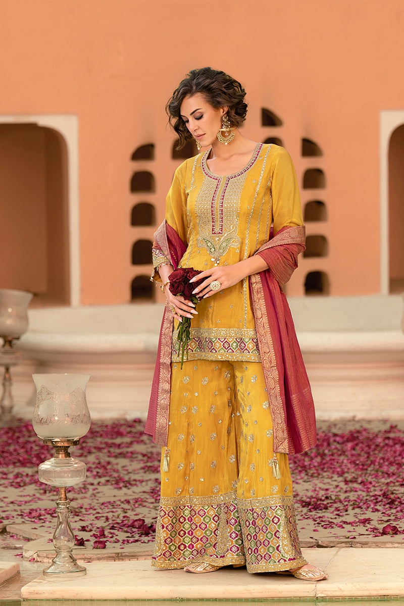 Yellow Viscose Shimmer Embroidered Straight Kurta Sharara with Dupatta | SHOBITAM
