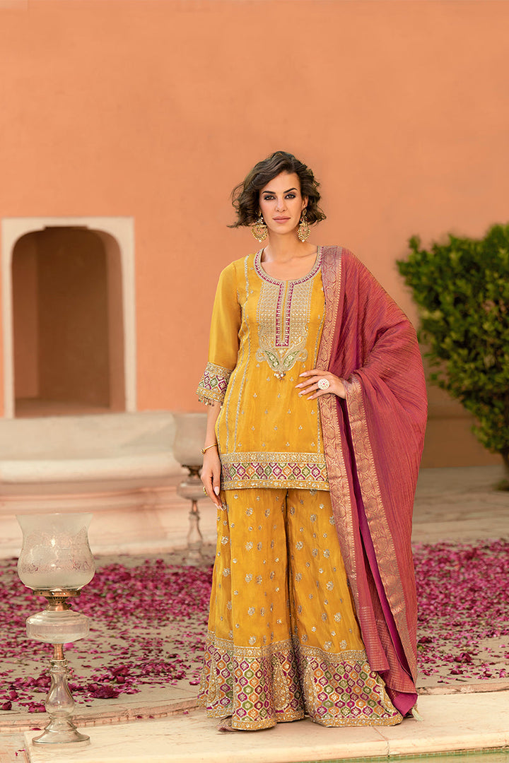 Yellow Viscose Shimmer Embroidered Straight Kurta Sharara with Dupatta | SHOBITAM