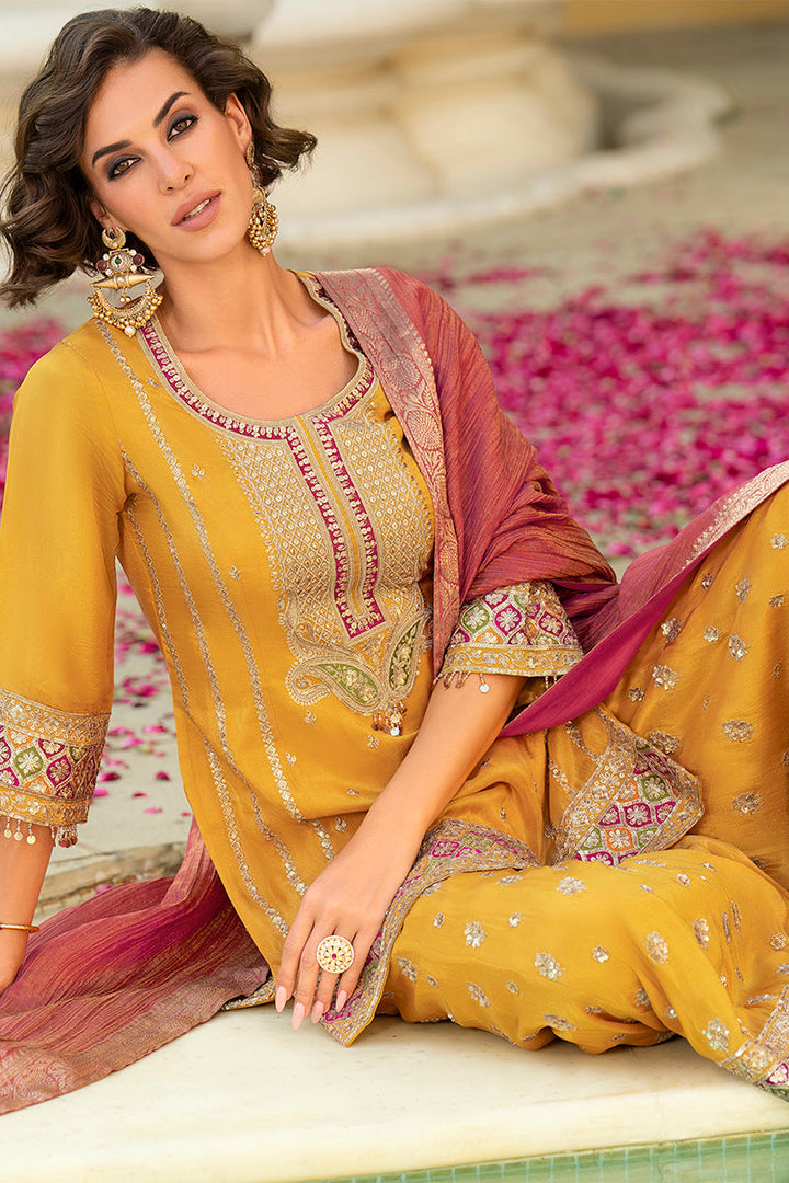 Yellow Viscose Shimmer Embroidered Straight Kurta Sharara with Dupatta | SHOBITAM