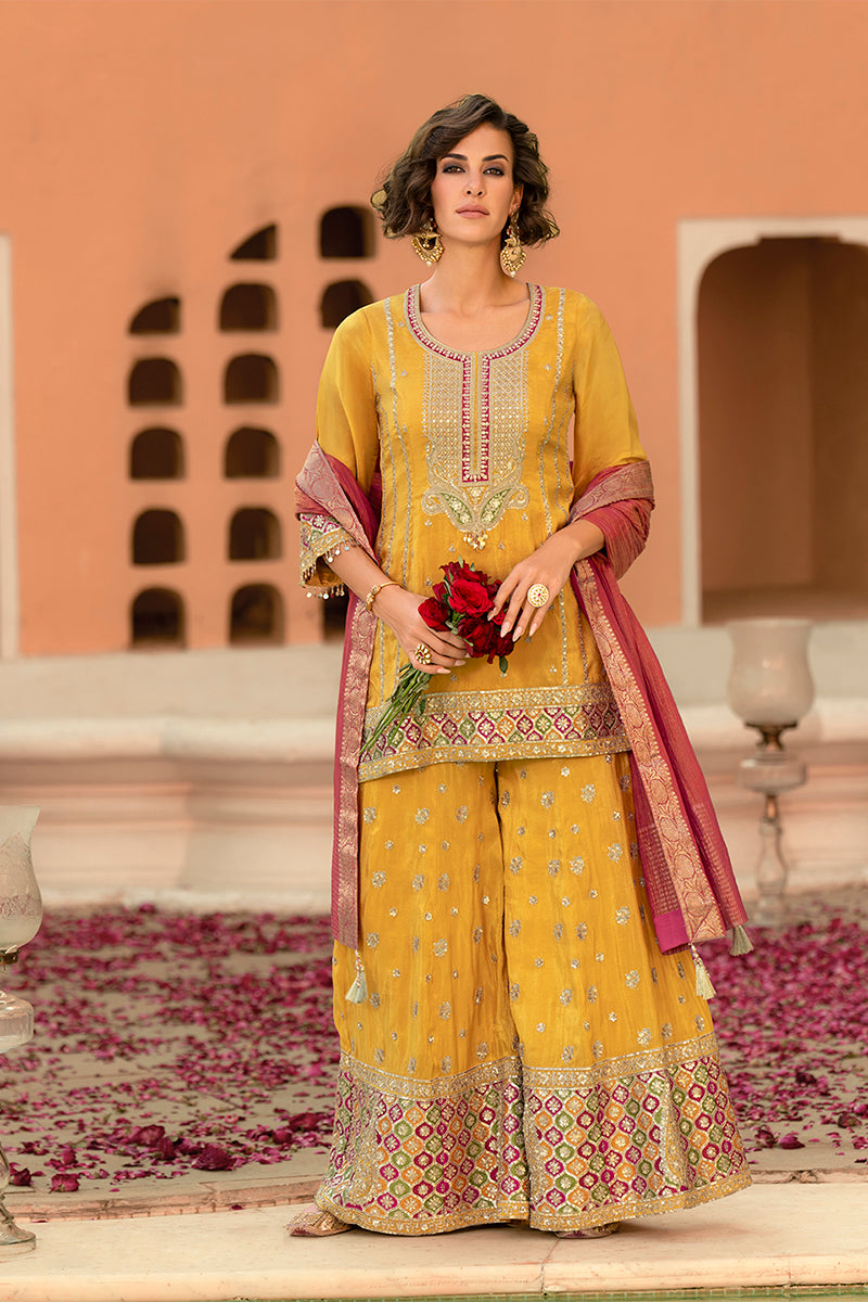 Yellow Viscose Shimmer Embroidered Straight Kurta Sharara with Dupatta | SHOBITAM