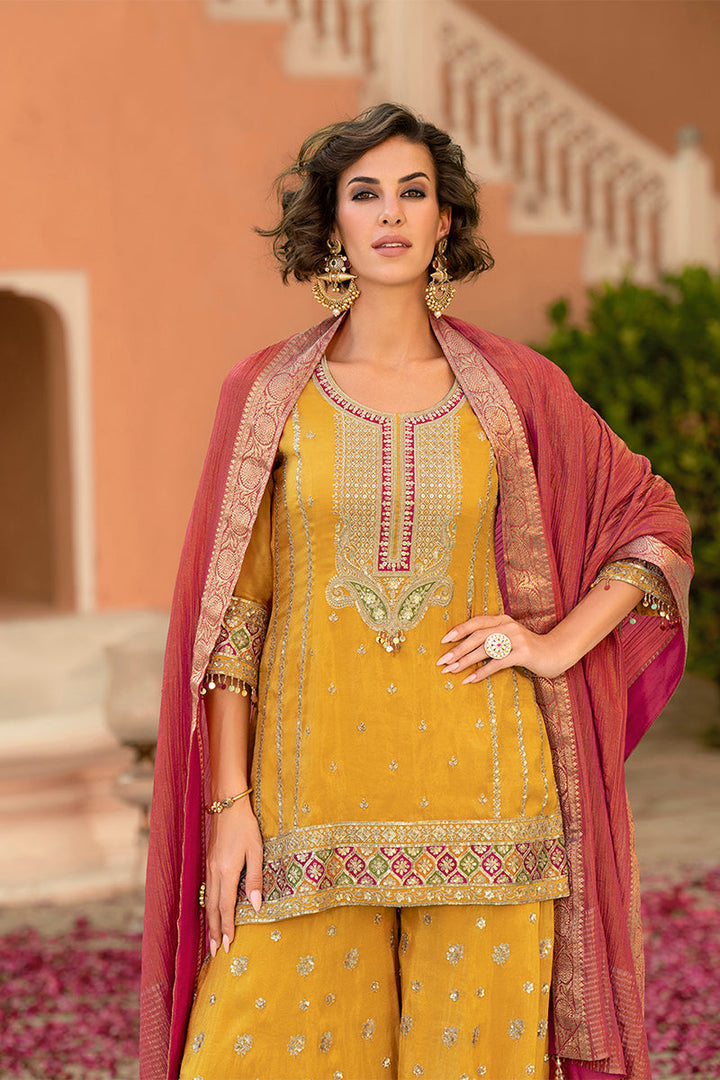 Yellow Viscose Shimmer Embroidered Straight Kurta Sharara with Dupatta | SHOBITAM