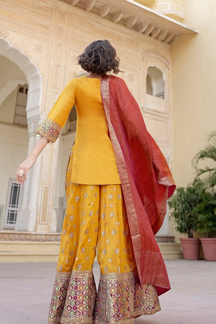 Yellow Viscose Shimmer Embroidered Straight Kurta Sharara with Dupatta | SHOBITAM