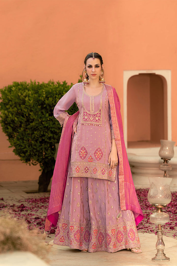 Pink Viscose Shimmer Embroidered Straight Kurta Sharara with Dupatta | SHOBITAM
