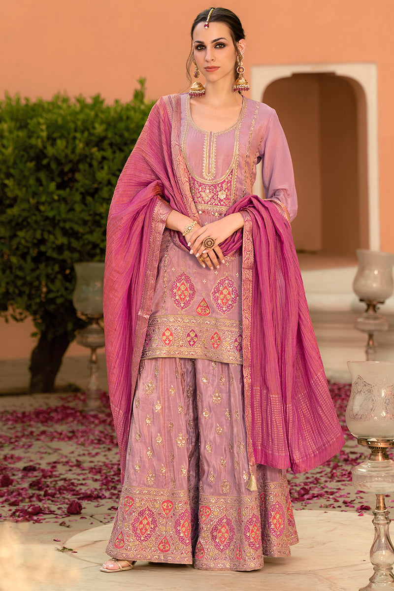 Pink Viscose Shimmer Embroidered Straight Kurta Sharara with Dupatta | SHOBITAM