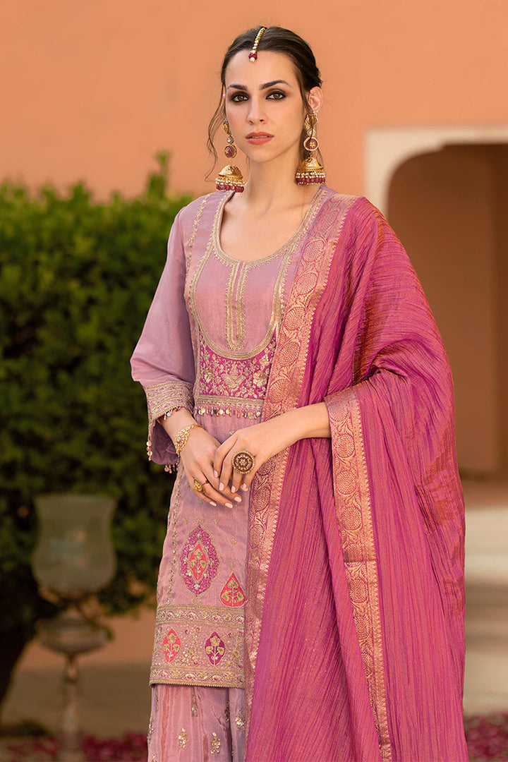 Pink Viscose Shimmer Embroidered Straight Kurta Sharara with Dupatta | SHOBITAM