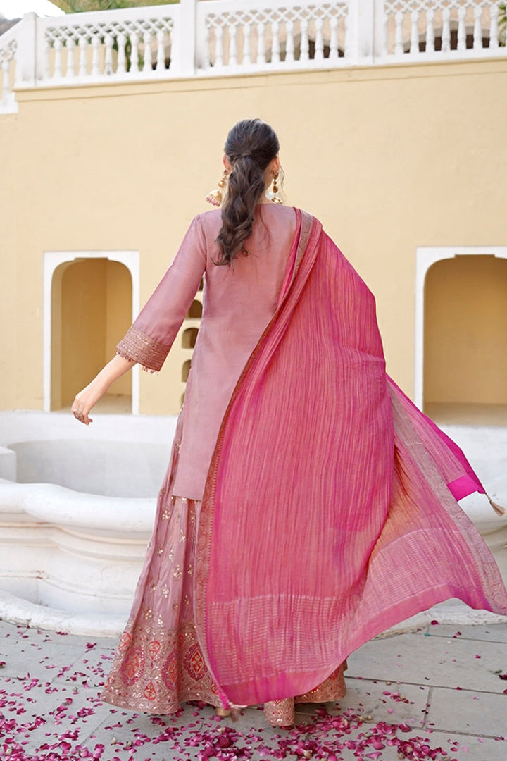 Pink Viscose Shimmer Embroidered Straight Kurta Sharara with Dupatta | SHOBITAM