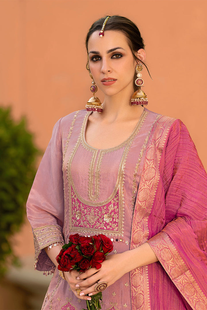 Pink Viscose Shimmer Embroidered Straight Kurta Sharara with Dupatta | SHOBITAM