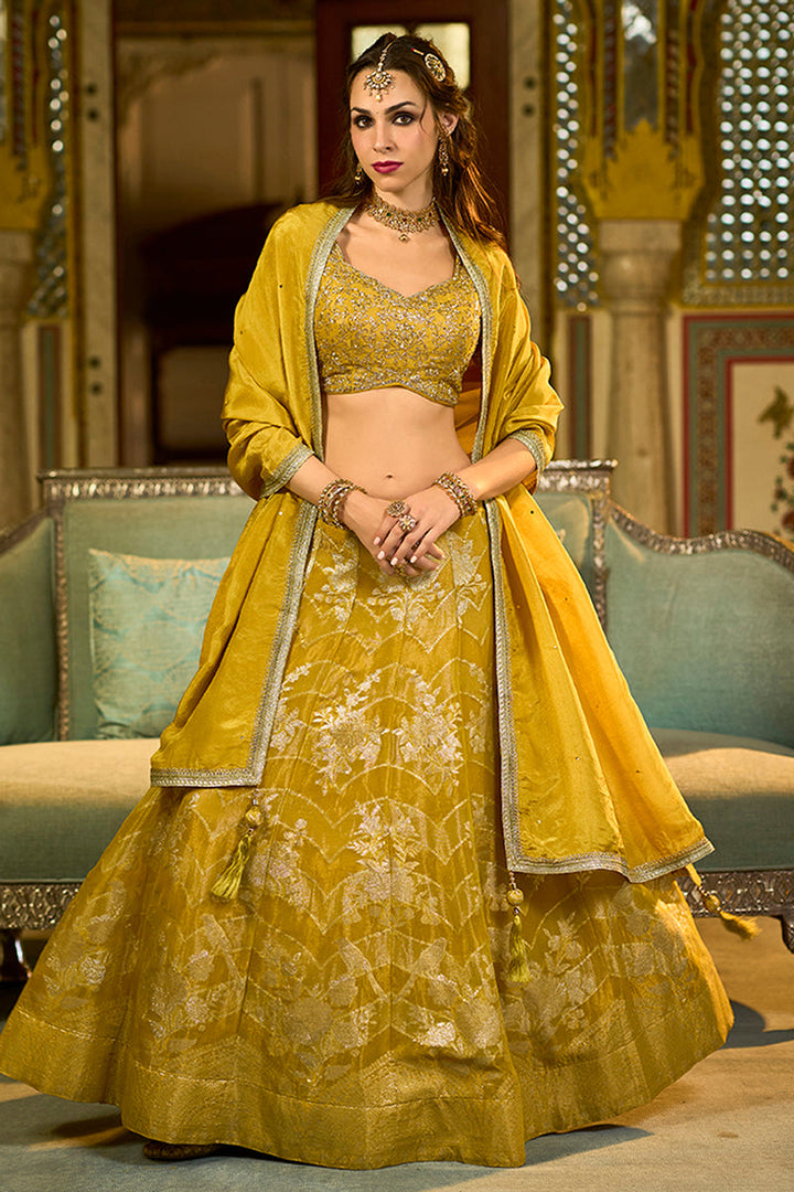 Mustard Silk Blend Embroidered Flared Lehenga Choli With Dupatta | SHOBITAM