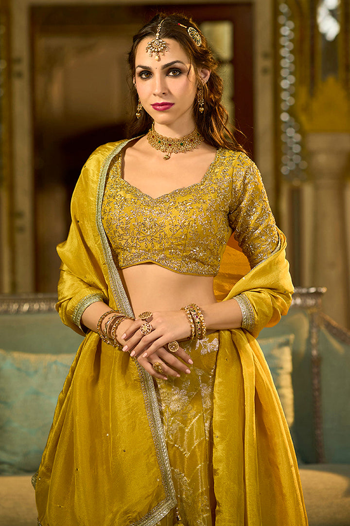 Mustard Silk Blend Embroidered Flared Lehenga Choli With Dupatta | SHOBITAM