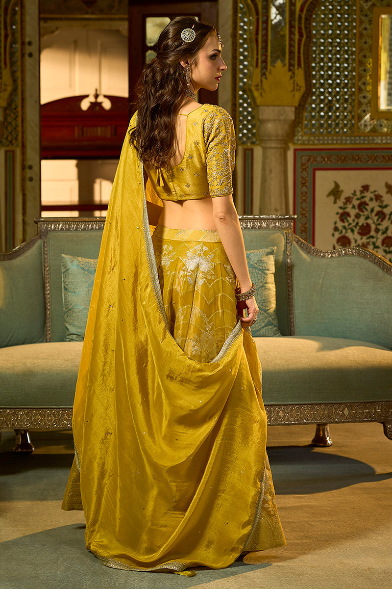 Mustard Silk Blend Embroidered Flared Lehenga Choli With Dupatta | SHOBITAM