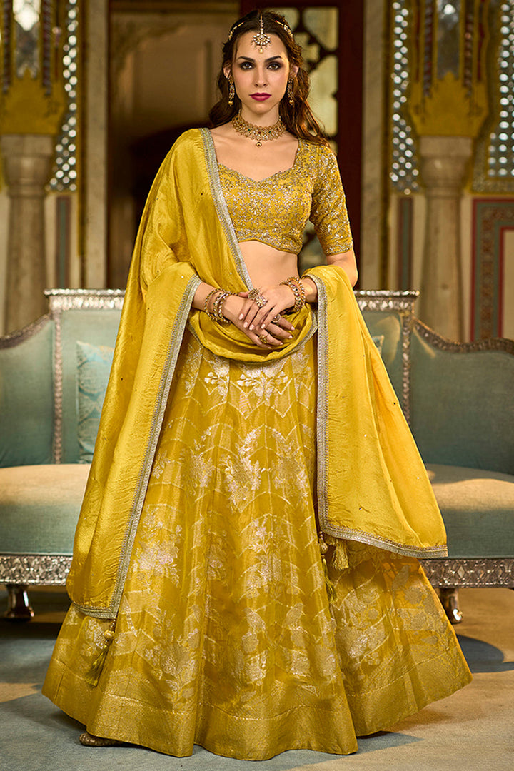 Mustard Silk Blend Embroidered Flared Lehenga Choli With Dupatta | SHOBITAM