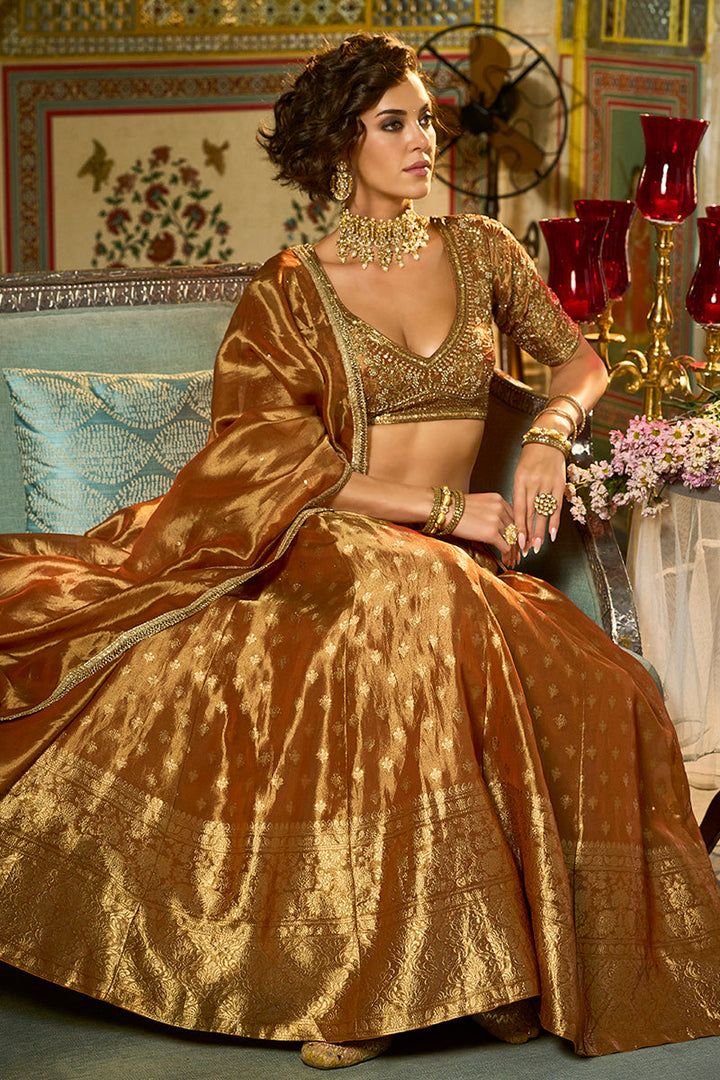 Orange Silk Blend Embroidered Flared Lehenga Choli With Dupatta | SHOBITAM