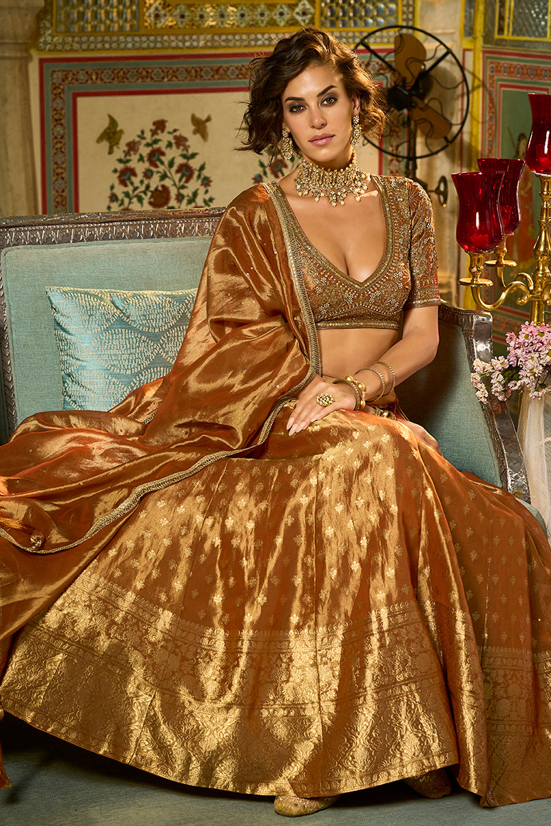 Orange Silk Blend Embroidered Flared Lehenga Choli With Dupatta | SHOBITAM