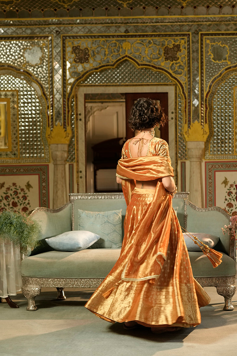 Orange Silk Blend Embroidered Flared Lehenga Choli With Dupatta | SHOBITAM