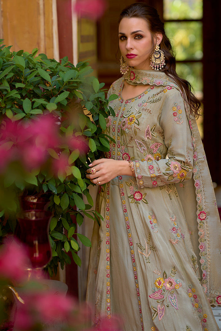 Grey Silk Blend Embroidered Anarkali Kurta Skirt with Dupatta | SHOBITAM