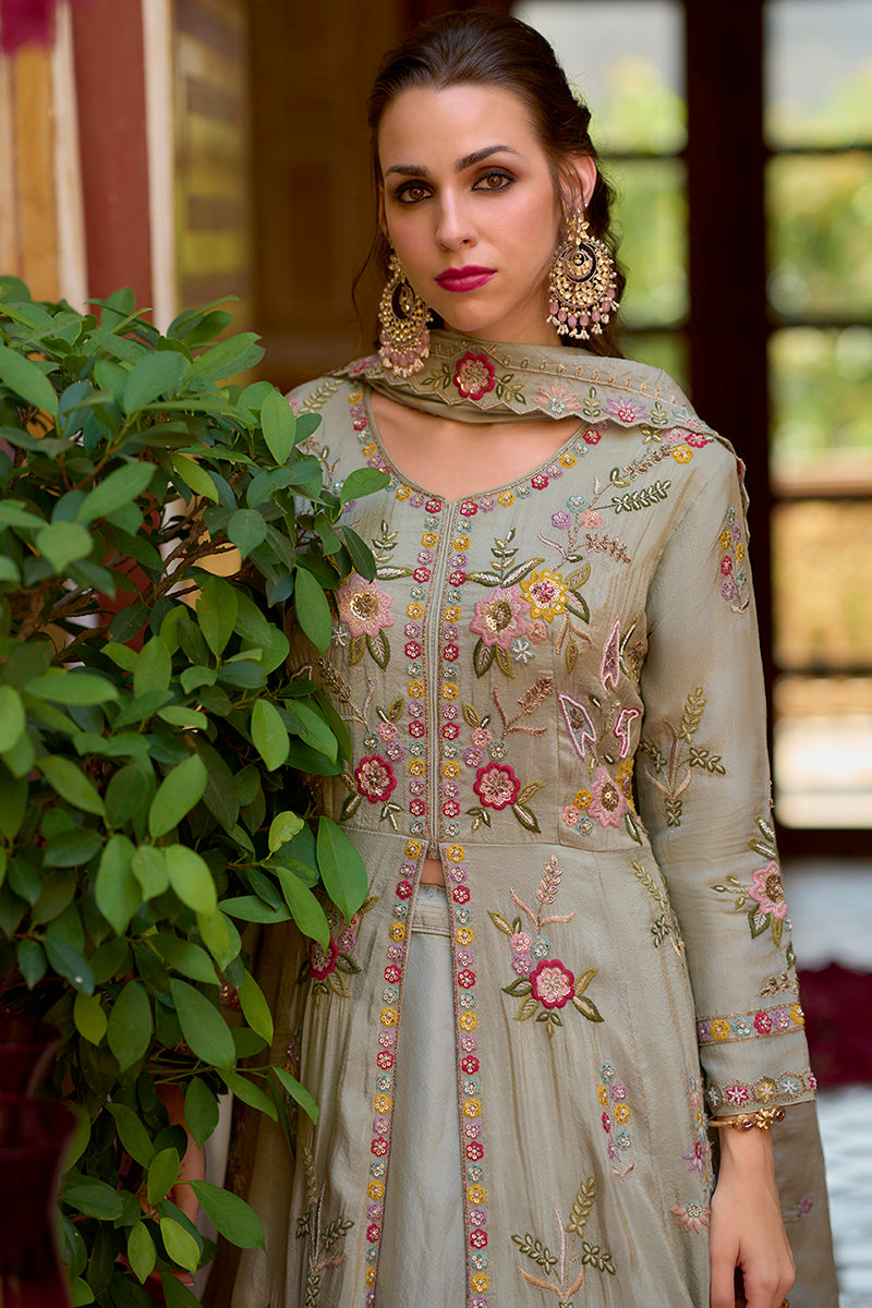 Grey Silk Blend Embroidered Anarkali Kurta Skirt with Dupatta | SHOBITAM