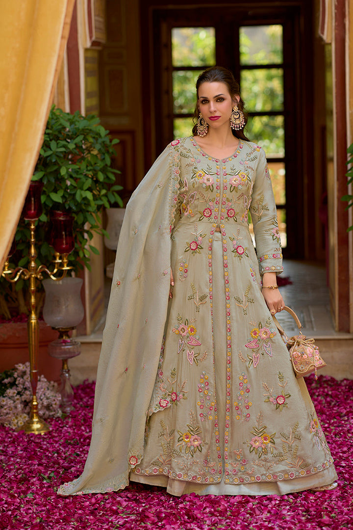Grey Silk Blend Embroidered Anarkali Kurta Skirt with Dupatta | SHOBITAM