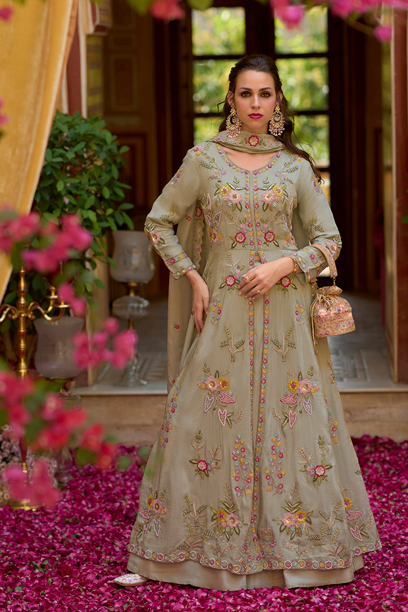 Grey Silk Blend Embroidered Anarkali Kurta Skirt with Dupatta | SHOBITAM