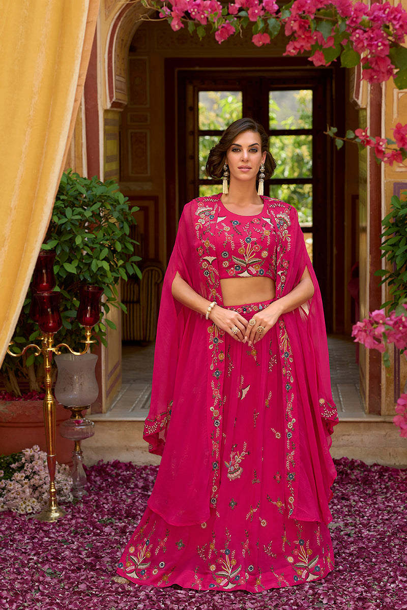 Pink Silk Blend Embroidered Straighit Top Skirt With Shrug | SHOBITAM
