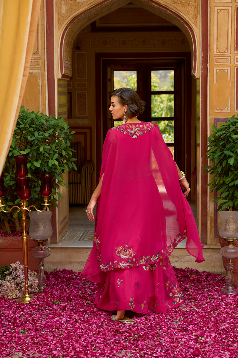 Pink Silk Blend Embroidered Straighit Top Skirt With Shrug | SHOBITAM