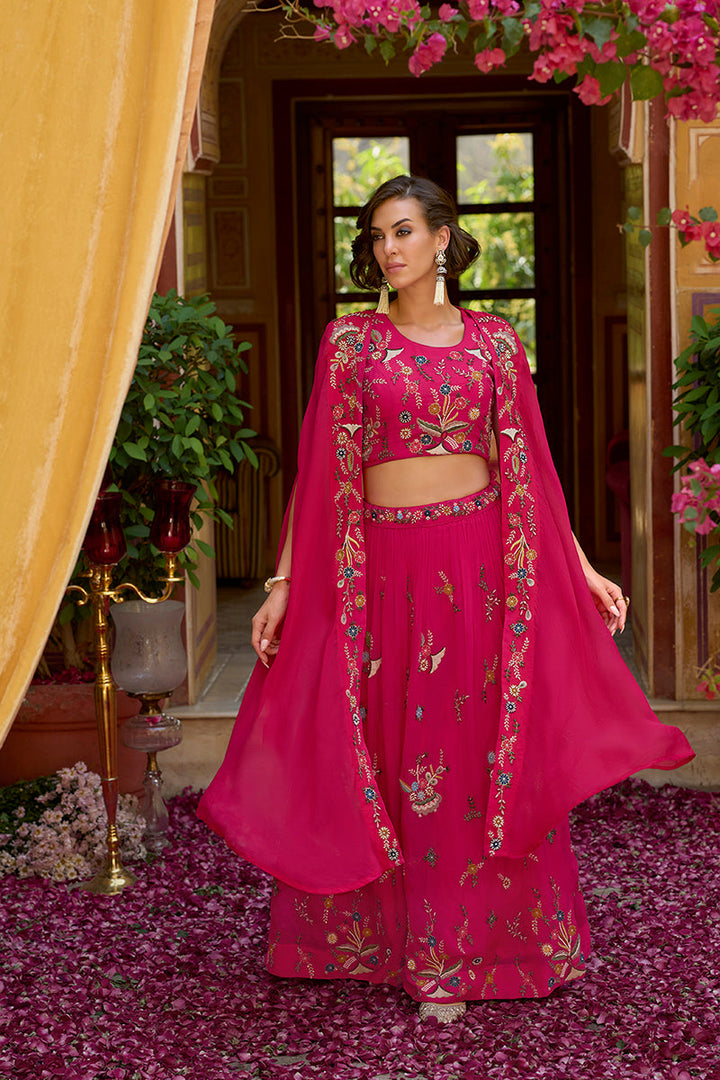 Pink Silk Blend Embroidered Straighit Top Skirt With Shrug | SHOBITAM