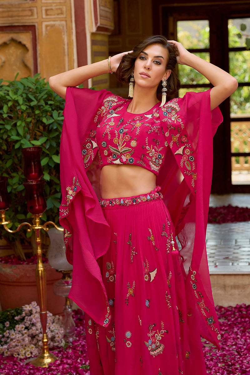 Pink Silk Blend Embroidered Straighit Top Skirt With Shrug | SHOBITAM