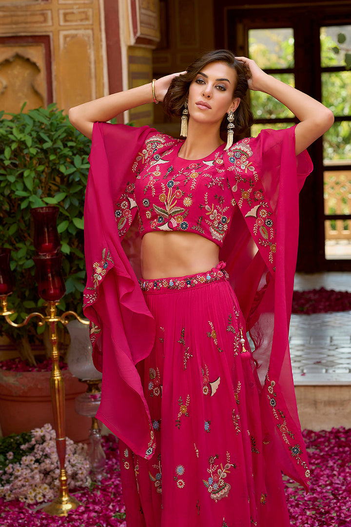 Pink Silk Blend Embroidered Straighit Top Skirt With Shrug | SHOBITAM