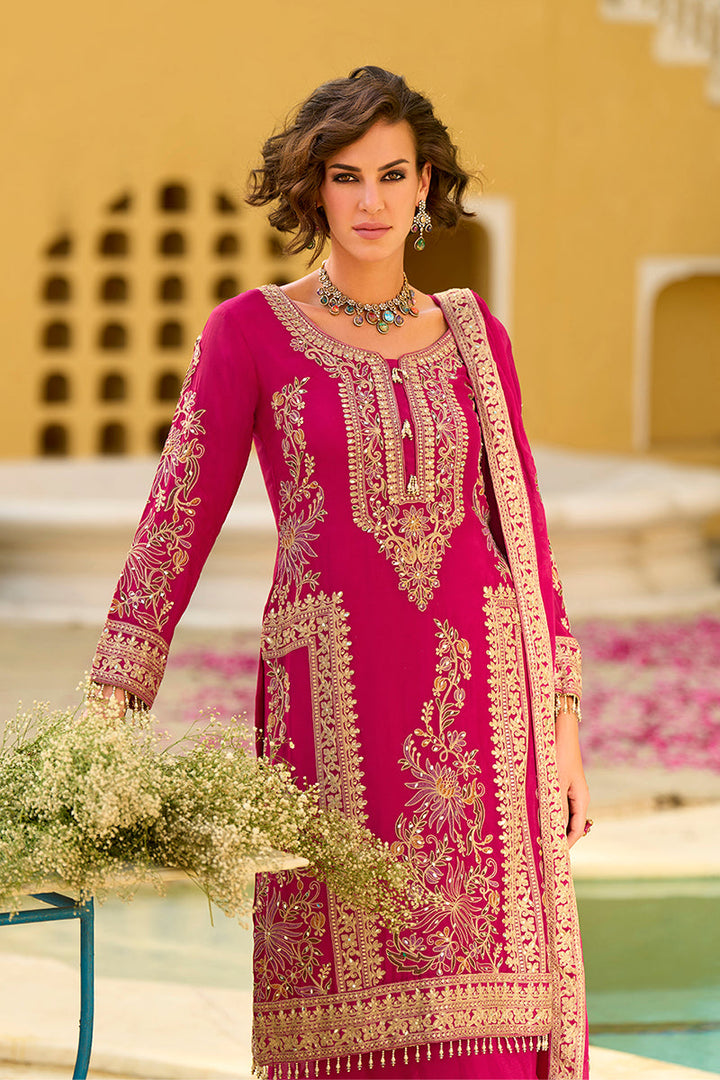 Pink Chinon Chiffon Embroidered Straight Kurta Sharara with Dupatta | SHOBITAM
