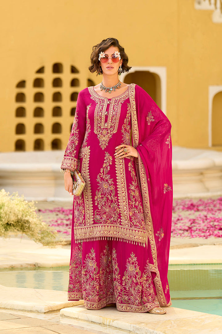 Pink Chinon Chiffon Embroidered Straight Kurta Sharara with Dupatta | SHOBITAM