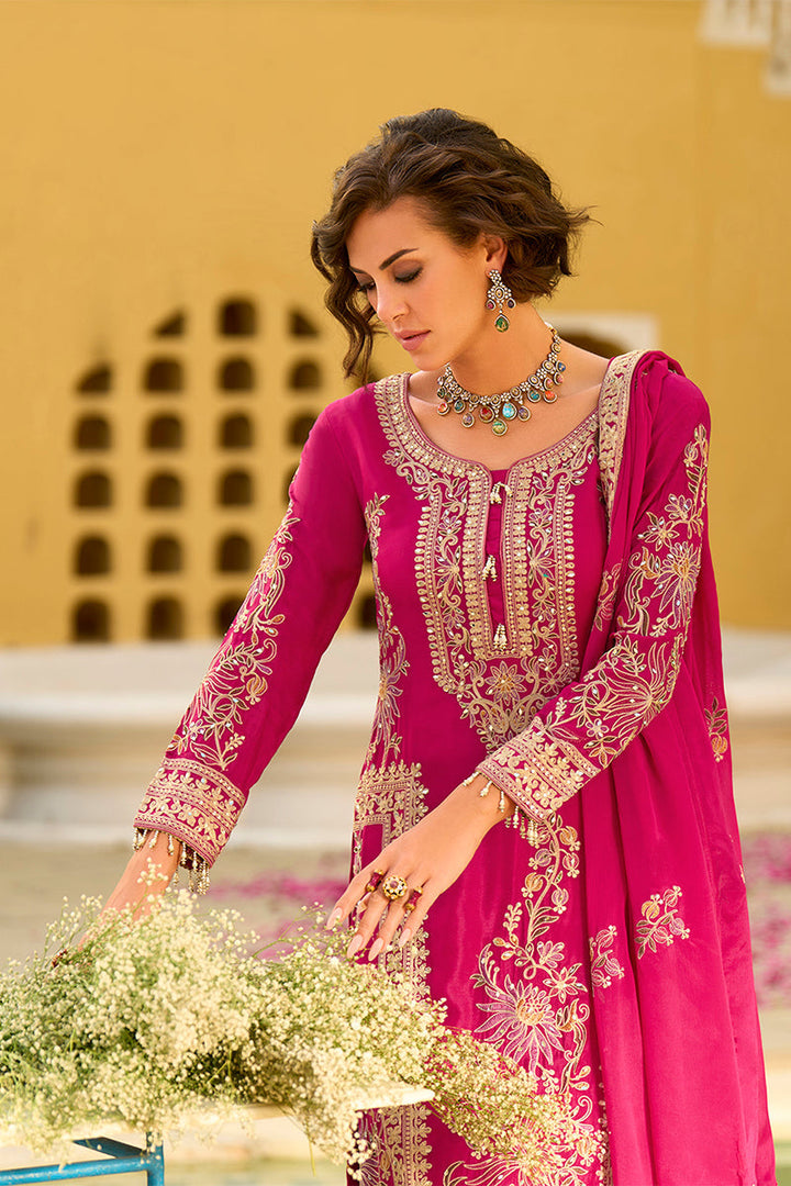 Pink Chinon Chiffon Embroidered Straight Kurta Sharara with Dupatta | SHOBITAM