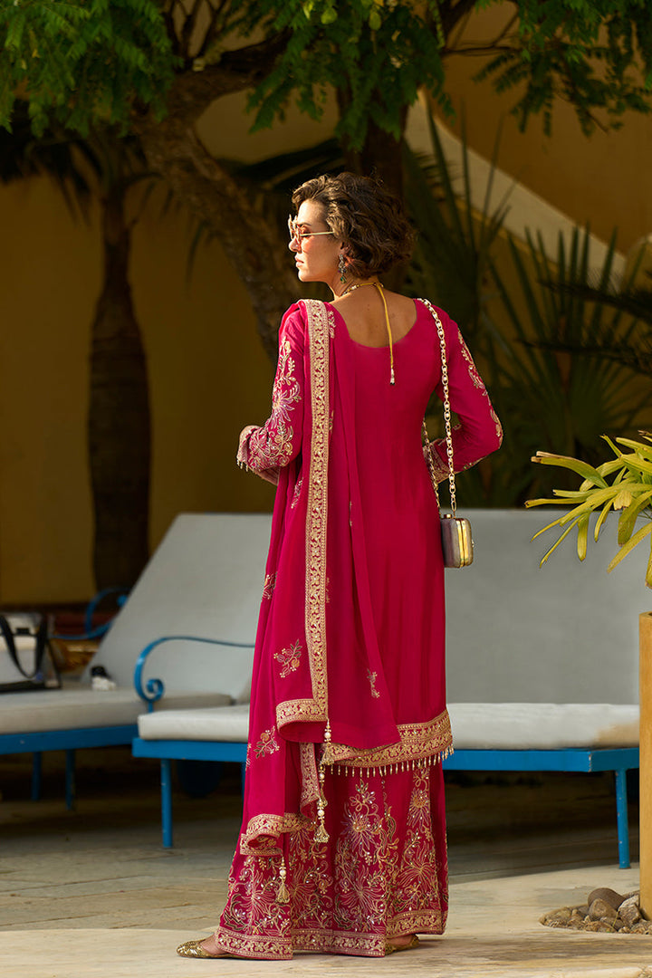 Pink Chinon Chiffon Embroidered Straight Kurta Sharara with Dupatta | SHOBITAM