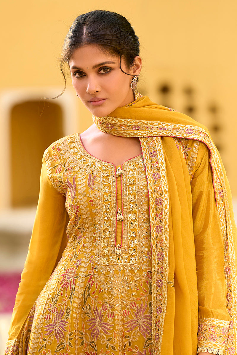 Yellow Chinon Chiffon Embroidered Anarkali Kurta Sharara with Dupatta | SHOBITAM