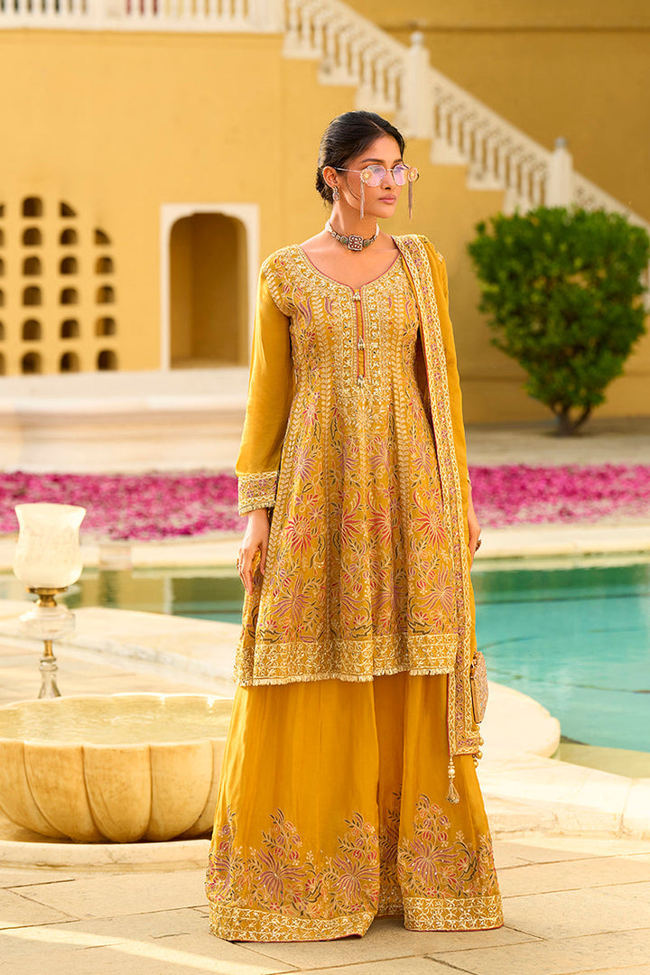 Yellow Chinon Chiffon Embroidered Anarkali Kurta Sharara with Dupatta | SHOBITAM