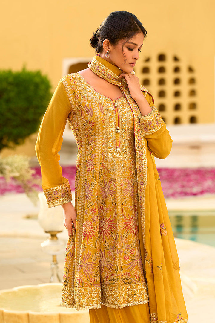Yellow Chinon Chiffon Embroidered Anarkali Kurta Sharara with Dupatta | SHOBITAM