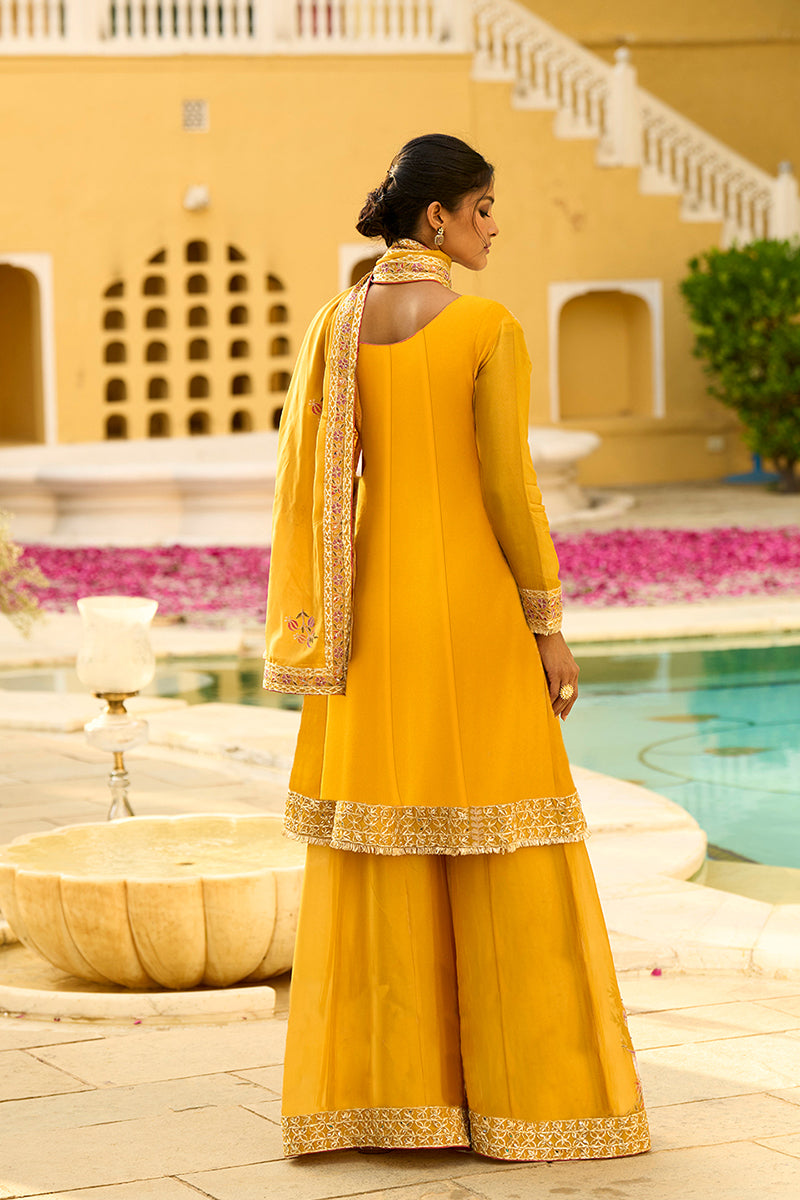 Yellow Chinon Chiffon Embroidered Anarkali Kurta Sharara with Dupatta | SHOBITAM