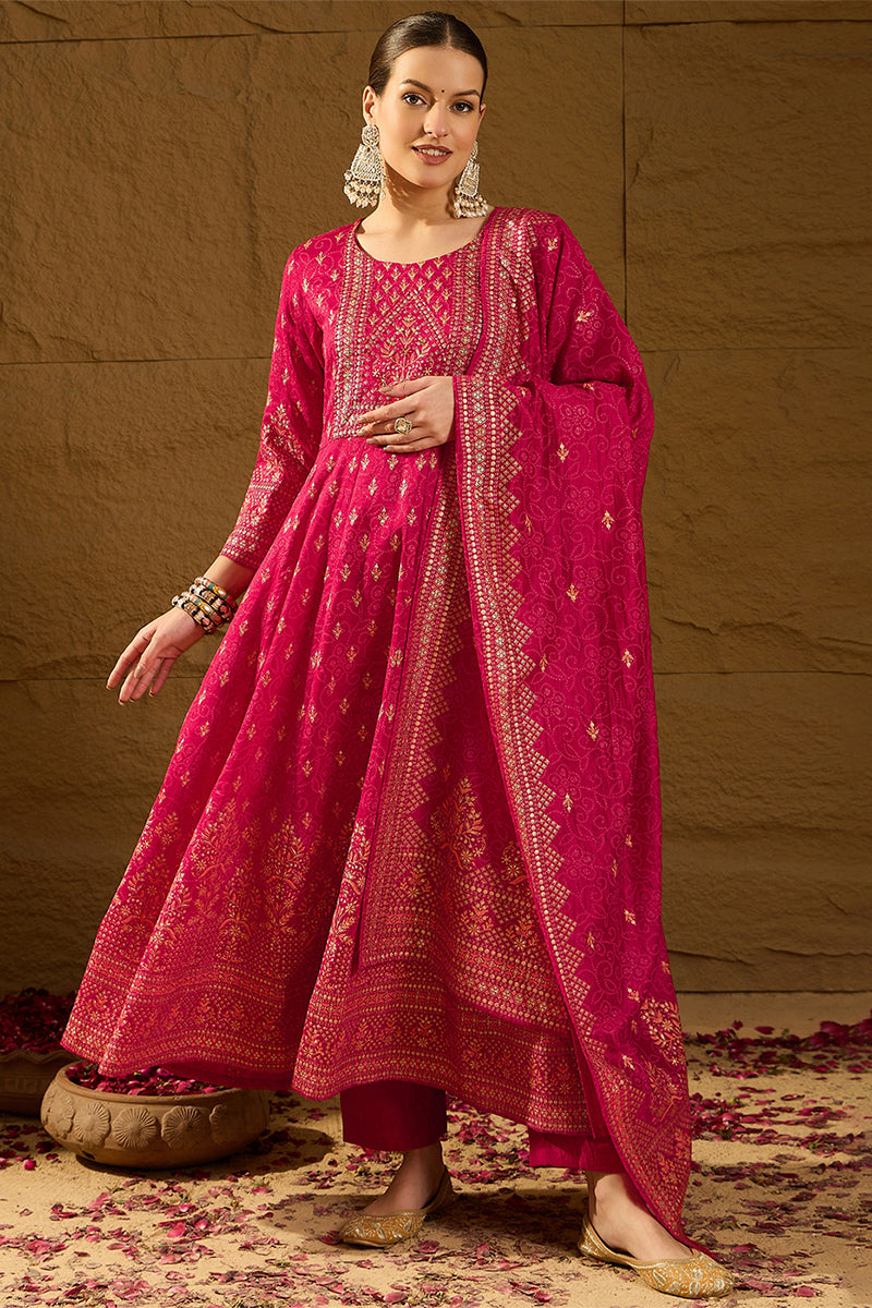 Red Silk Blend Ethnic Motifs Woven Design Anarkali Kurta Trousers With Dupatta | SHOBITAM