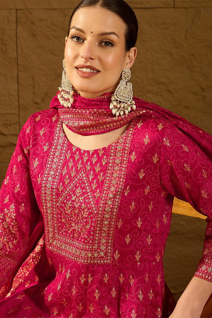 Red Silk Blend Ethnic Motifs Woven Design Anarkali Kurta Trousers With Dupatta | SHOBITAM