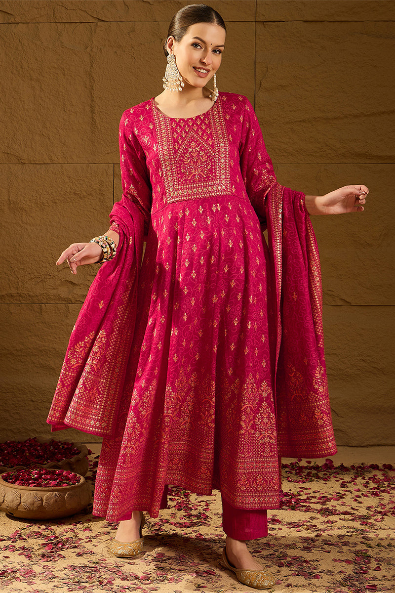 Red Silk Blend Ethnic Motifs Woven Design Anarkali Kurta Trousers With Dupatta | SHOBITAM