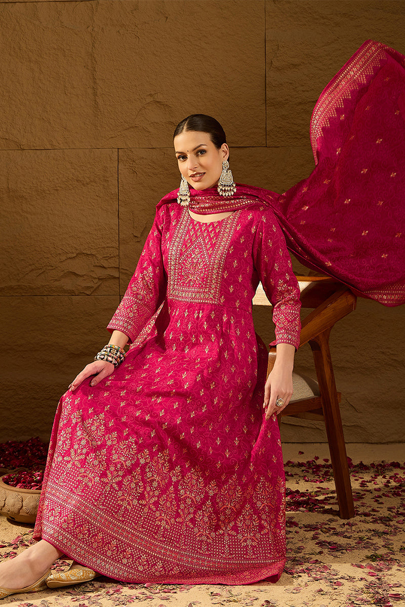 Red Silk Blend Ethnic Motifs Woven Design Anarkali Kurta Trousers With Dupatta | SHOBITAM