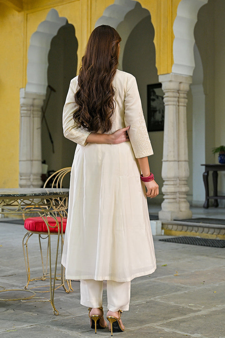Off White Silk Blend Solid Embroidered A-Line Kurta Trousers With Dupatta | SHOBITAM