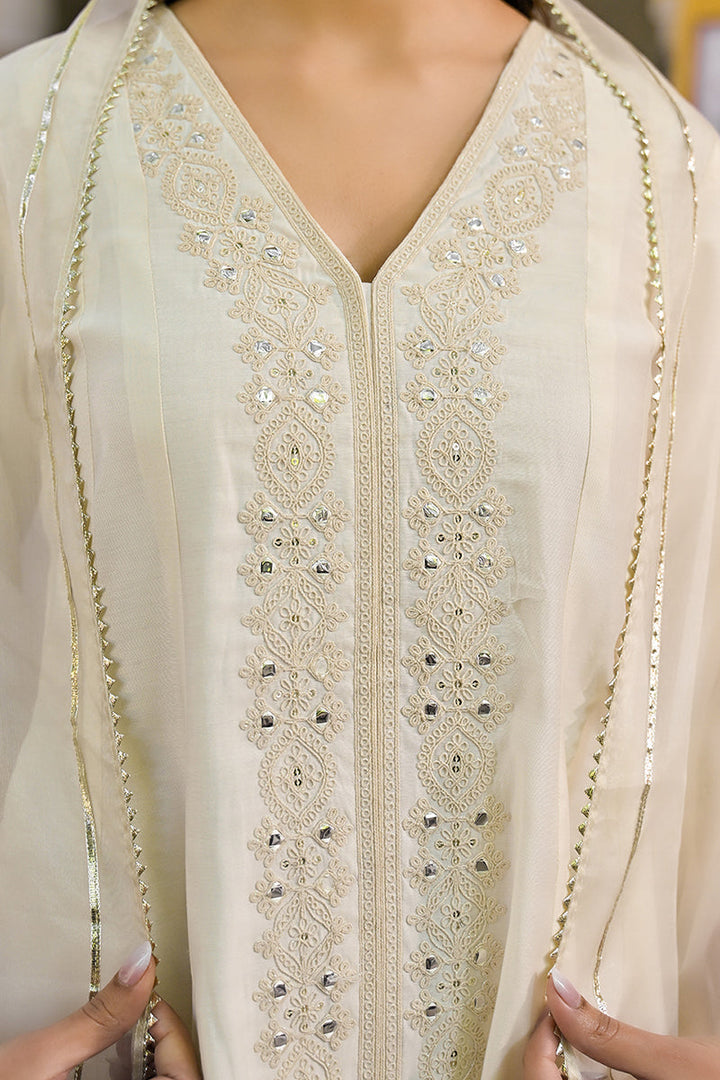 Off White Silk Blend Solid Embroidered A-Line Kurta Trousers With Dupatta | SHOBITAM