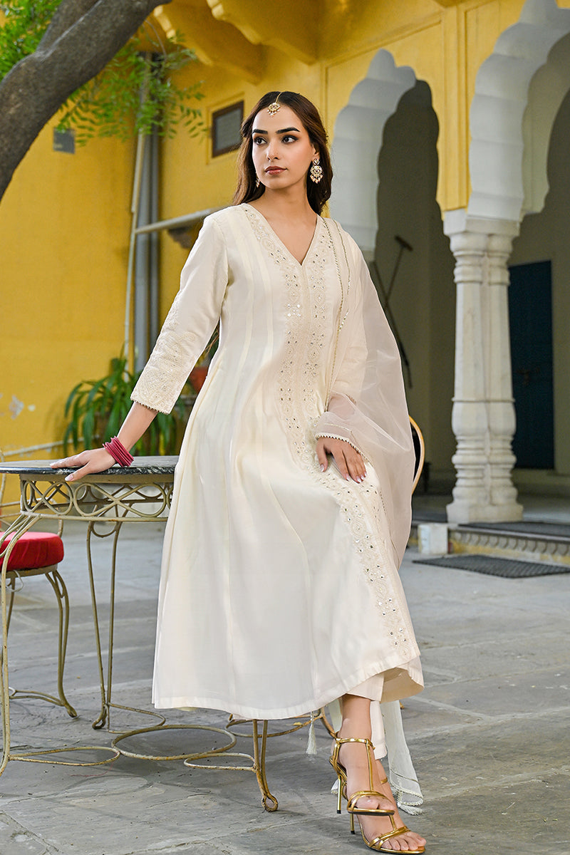 Off White Silk Blend Solid Embroidered A-Line Kurta Trousers With Dupatta | SHOBITAM
