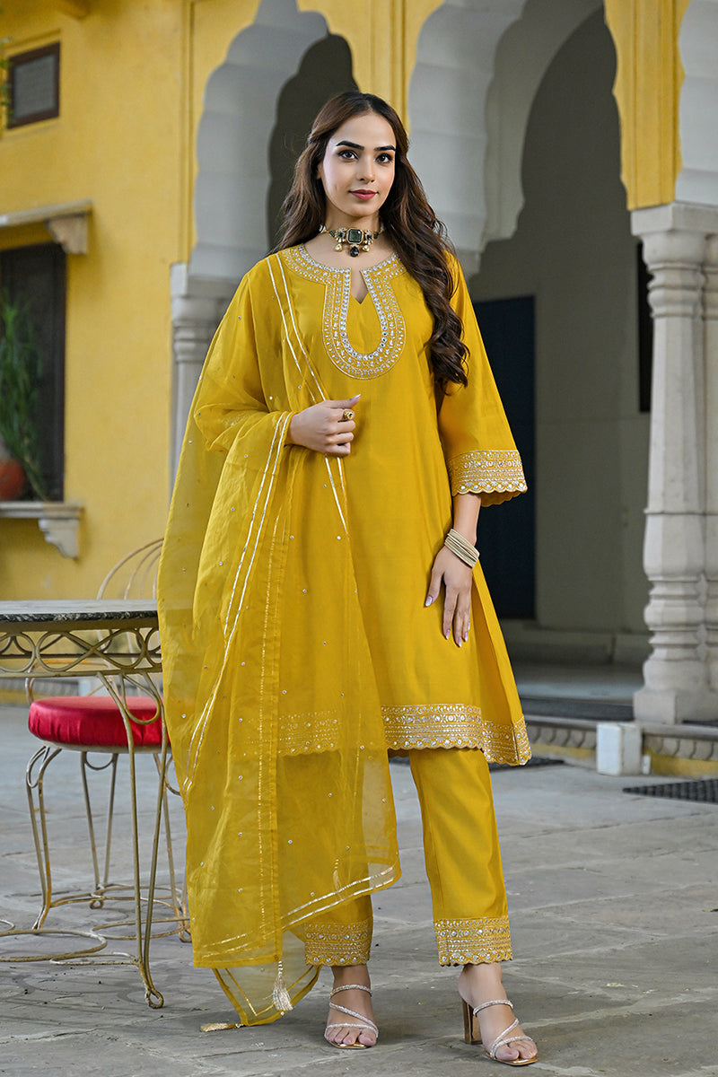 Mustard Silk Blend Solid Embroidered A-Line Kurta Trousers With Dupatta | SHOBITAM