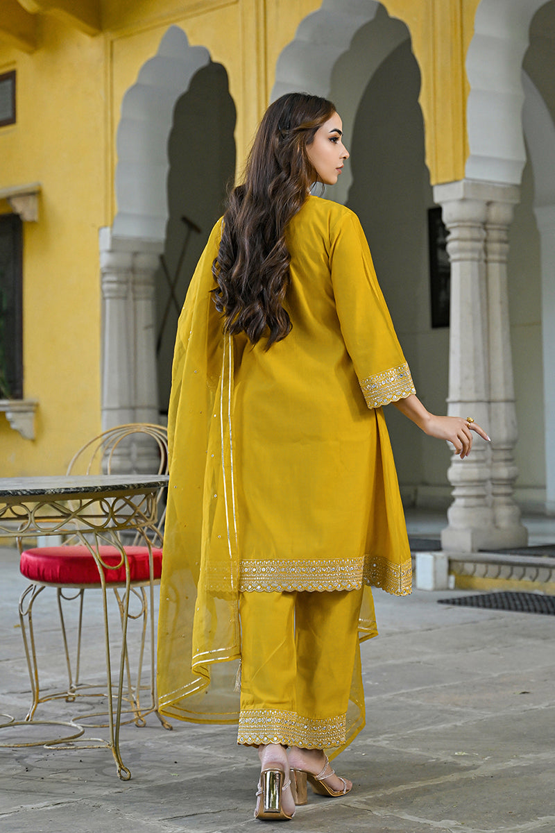 Mustard Silk Blend Solid Embroidered A-Line Kurta Trousers With Dupatta | SHOBITAM