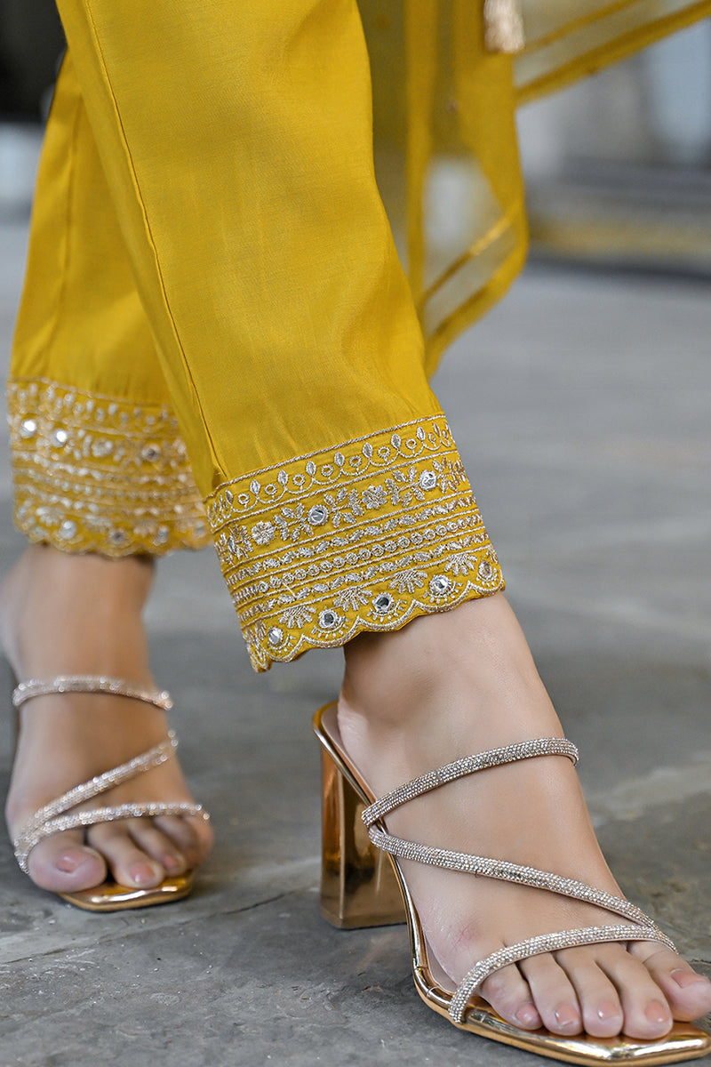 Mustard Silk Blend Solid Embroidered A-Line Kurta Trousers With Dupatta | SHOBITAM