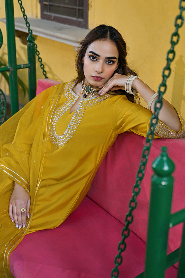 Mustard Silk Blend Solid Embroidered A-Line Kurta Trousers With Dupatta | SHOBITAM