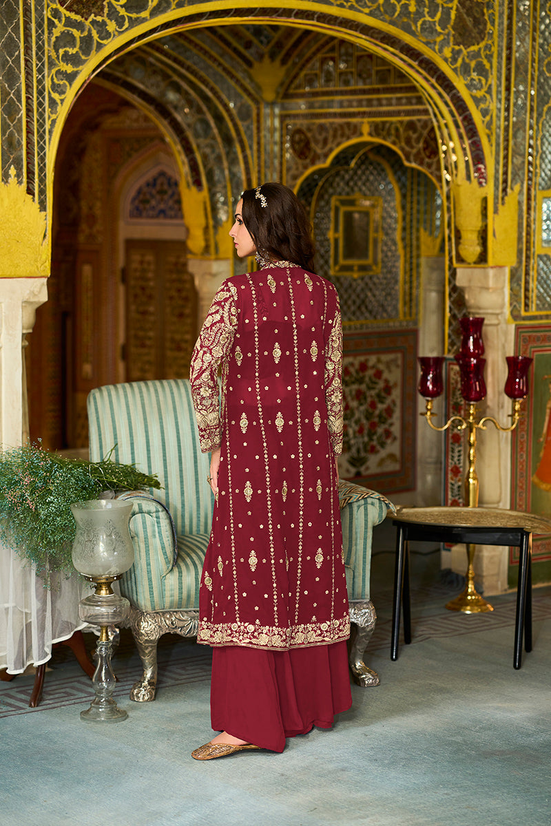 Maroon Georgette Embroidered Straighit Top Sharara With Shrug | SHOBITAM