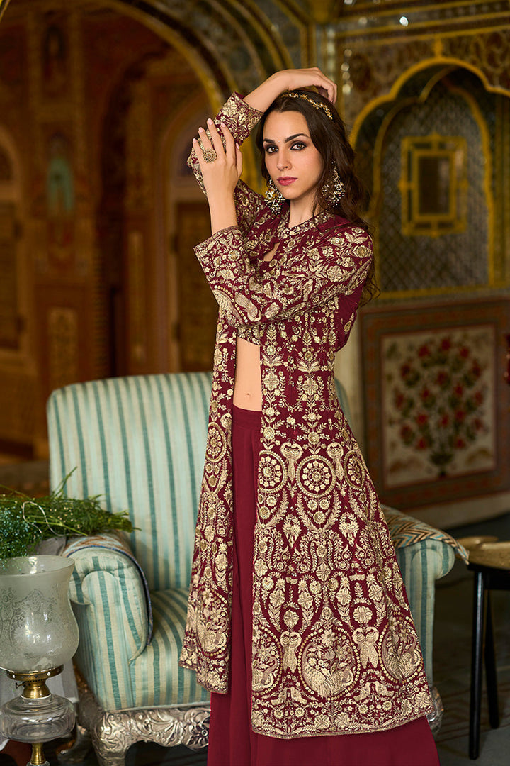 Maroon Georgette Embroidered Straighit Top Sharara With Shrug | SHOBITAM